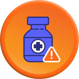 orange circular logo featuring a medicine bottle with a warning symbol