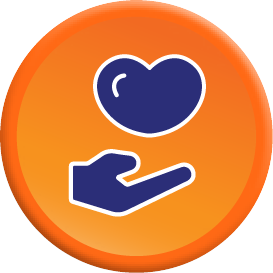 orange circular logo with a hand holding a heart